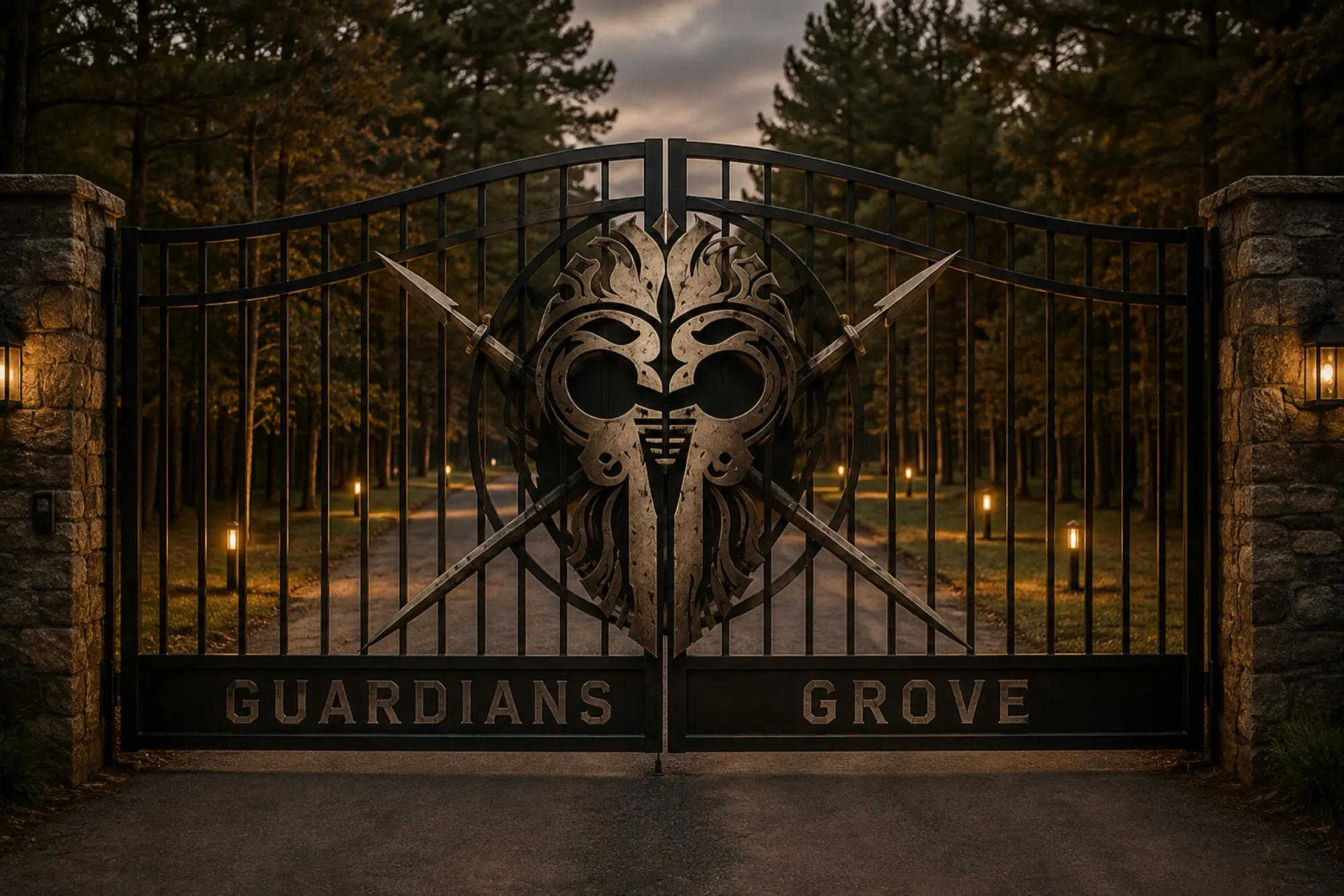 The iron gate of Guardians Grove at dusk, lanterns lining the road into the pines
