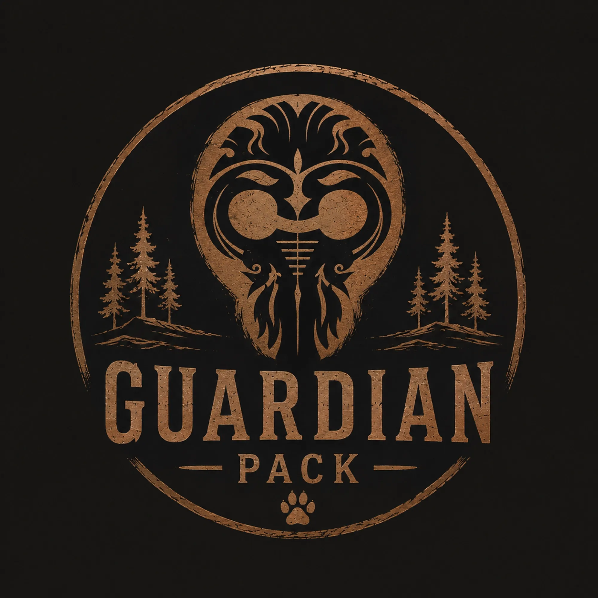 The Guardian Pack emblem: a guardian helmet between pines, in bronze