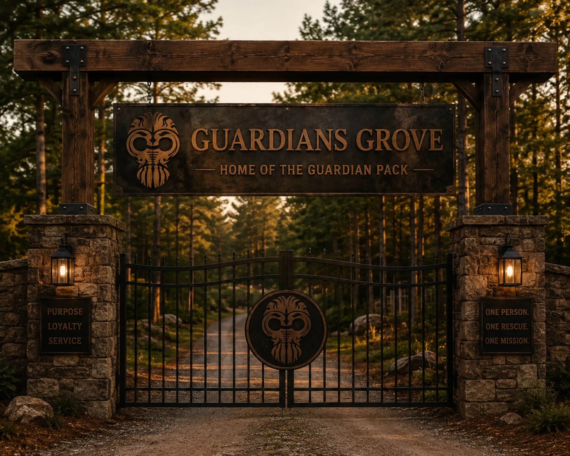 The timber entrance and iron gate of Guardians Grove, home of the Guardian Pack, glowing at dusk