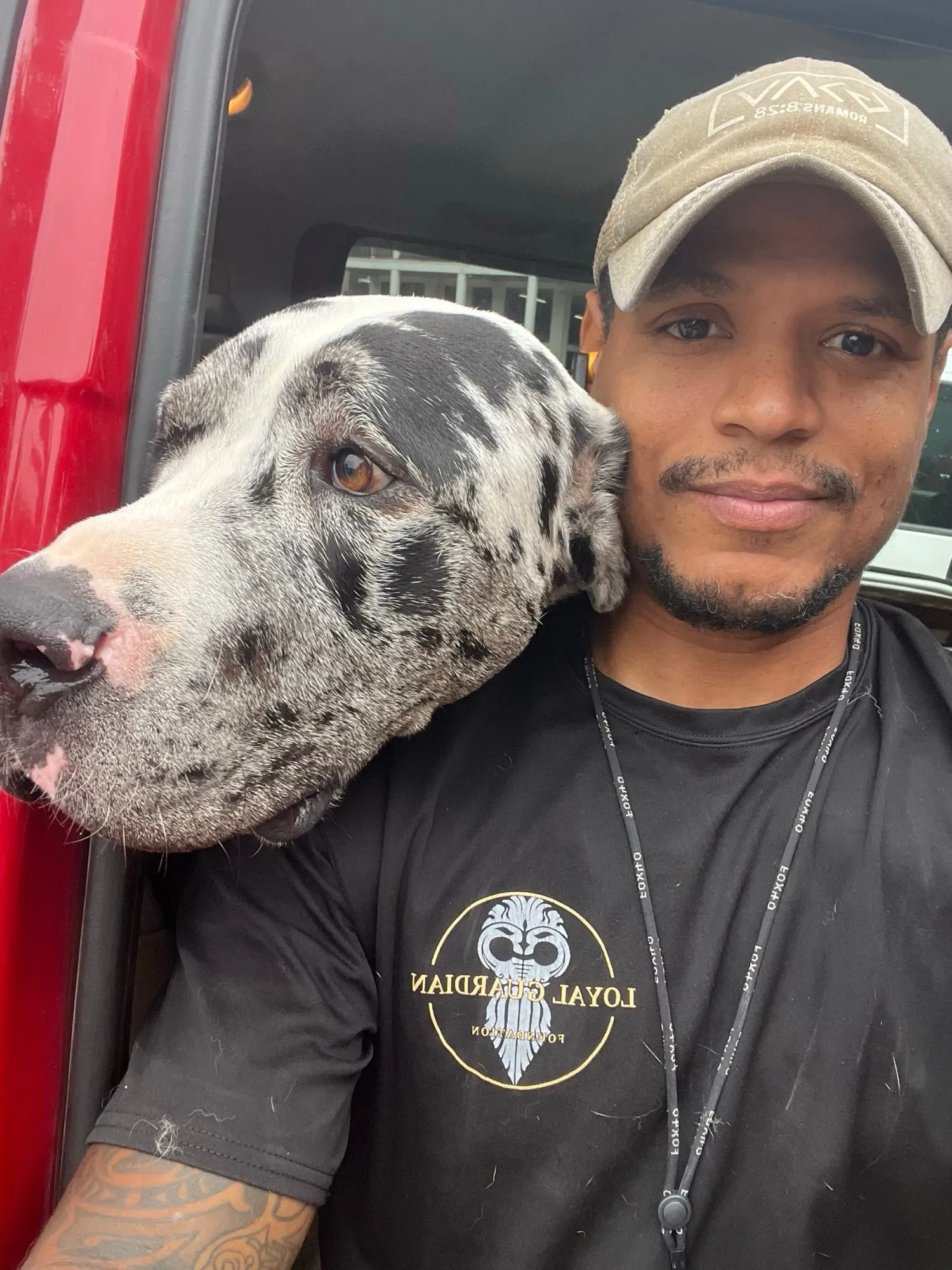 A Great Dane resting its head on Josh's shoulder